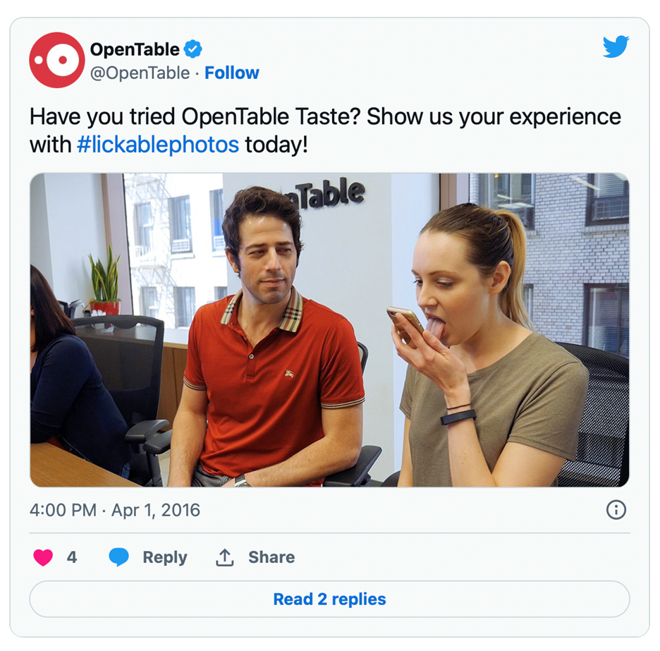 OpenTable's #lickablephotos prank on Twitter.
